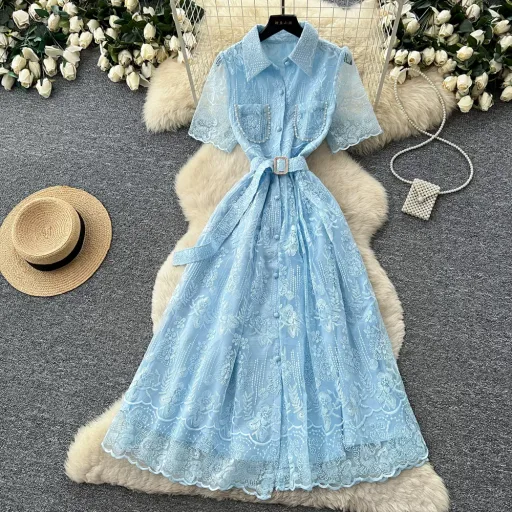 Embroidered Lace A Line Dress For Women Summer Fashion Elegant Fit And Flare Available In Red Apricot And Blue