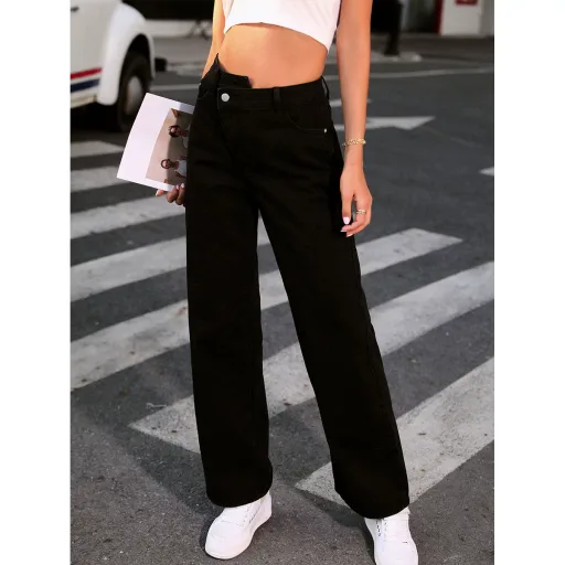 High Waist Loose Fit Denim Pants for Women Casual Style Black Color Available in XS to L Wholesale Supply