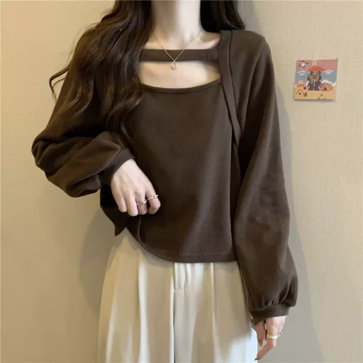 Plus Size Long Sleeve T Shirt For Women Hollow Design Slimming Fit Casual Spring Autumn Wear