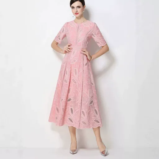 Elegant Womens Summer Dress With Hollow Embroidery And Waist Detail In Various Colors And Sizes For Casual Occasions