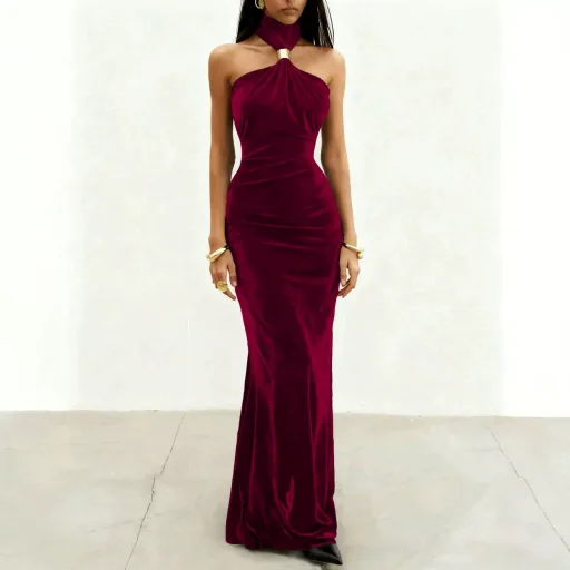 Velvet Backless Maxi Dress With Metal Buckle Waist Detail For Elegant Occasions In Red Sizes S To Xl