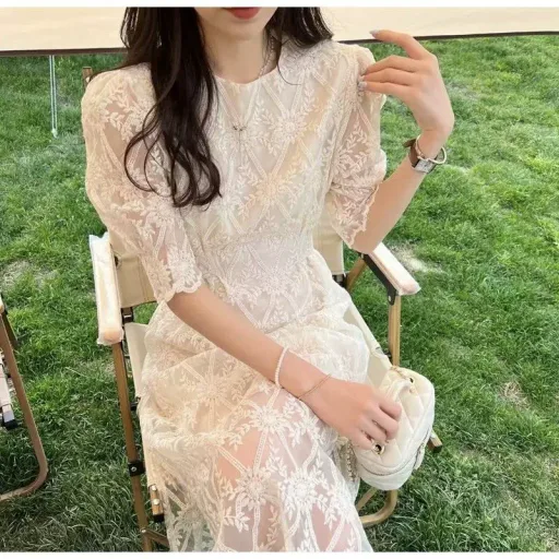 Lace Dress For Women Puff Sleeve High Waist A Line Design Elegant Short Sleeve For Summer