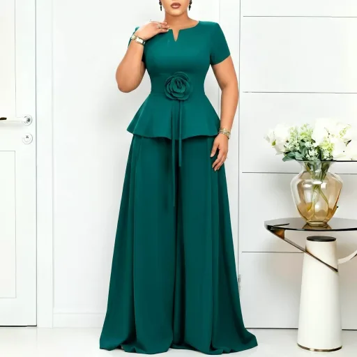 Elegant Plus Size Ruffled Sleeve Top and Wide Leg Pants Set Summer Fashion Casual Wear Wholesale Available