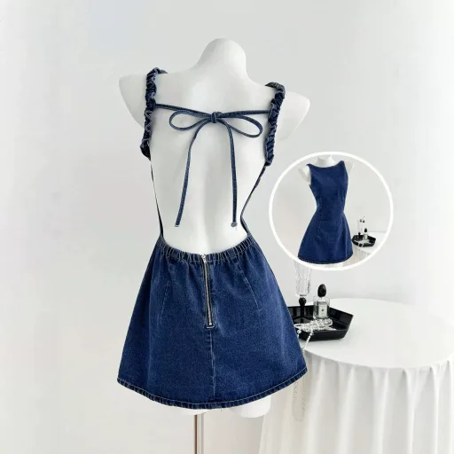 Summer Denim Dress Sexy Backless Design with Bow Tie Casual Wear for Women Ready to Ship bulk order Summer Denim Dress Sexy Backless Design with Bow Tie Casual Wear for Women Ready to Ship bulk order