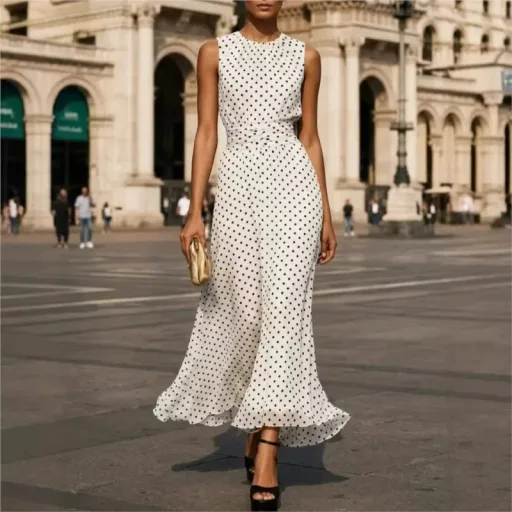 Womens Summer Dress Elegant Waist Tie Polka Dot Design Available In White And Black Wholesale Sizes S To 3Xl