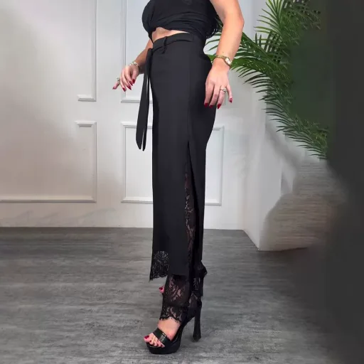 Lace Panel Casual Long Pants for Women Solid Color Adjustable Tie Comfortable Fit Spring Fashion Wholesale Available Lace Panel Casual Long Pants for Women Solid Color Adjustable Tie Comfortable Fit Spring Fashion Wholesale Available