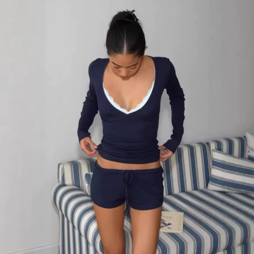 Soft Modal Two Piece Set for Women Casual V Neck Top and Fitted Shorts Stylish Everyday Wear Who