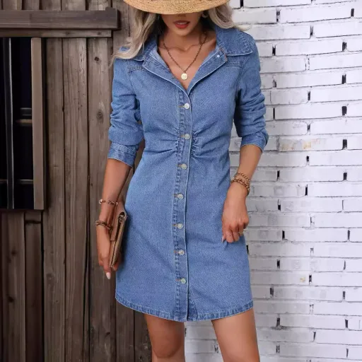 Vintage Slim Fit Long Sleeve Denim Dress in Blue for Women Casual Wear Low MOQ fast shipping
