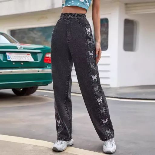 Womens Denim Jeans Vintage Gradient Butterfly Embroidery Casual Fit Available in Black Wholesale Sizes XS to L