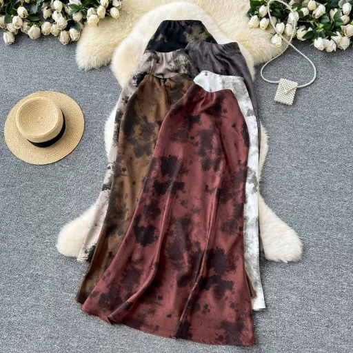 High Waist Satin Midi Skirt for Women Vintage Ink Print Flared Design Summer Casual Wear
