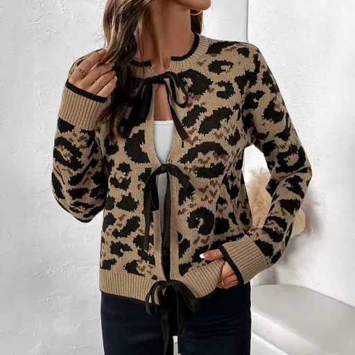 Womens Leopard Print Cardigan Sweater Round Neck Tie Closure Long Sleeve Casual Wear for Fall Winter Wholesale