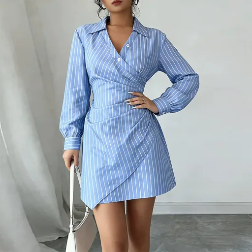 V Neck Striped Pleated Bodycon Dress For Women Elegant Summer Style Available In Blue Wholesale Sizes S To 3Xl