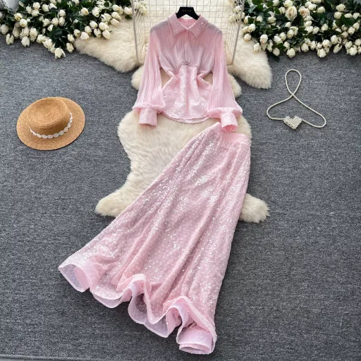 French Style Sequined Mesh Pleated Two Piece Set Waist Cinching Elegant Design Ideal for Spring and Autumn Wholesale