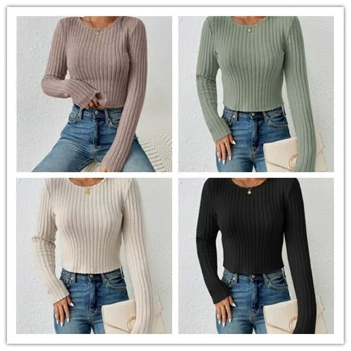 Casual Fitted Sweater Solid Color Round Neck Long Sleeve Autumn Winter Wear Ready to Ship low MOQ
