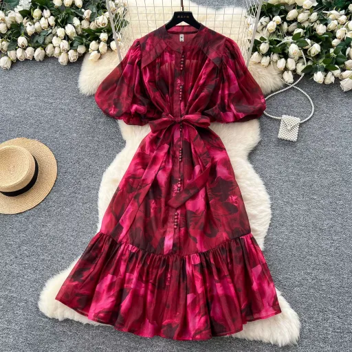 Luxury European Style Printed Puff Sleeve Dress for Women Summer Waist Tie A Line Elegant High Quality Fabric