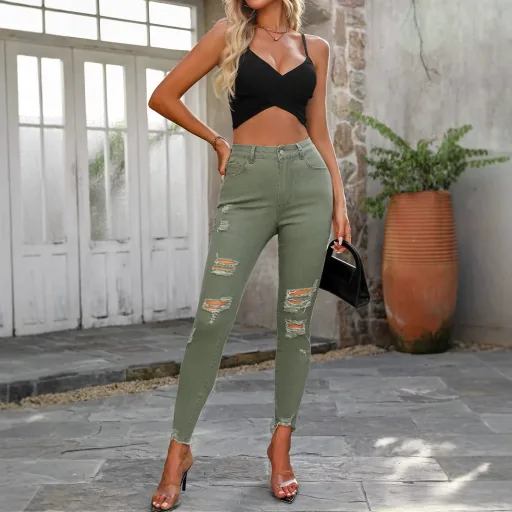 Womens High Stretch Skinny Jeans with Ripped Details in Green for Casual Wear in Multiple Sizes