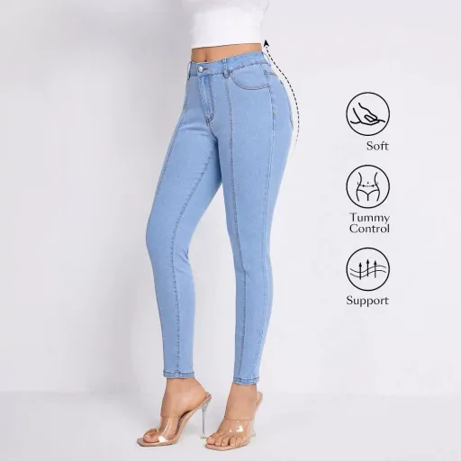 High Waist Slim Fit Womens Blue Denim Jeans Stretch Fabric Casual Wear bulk order