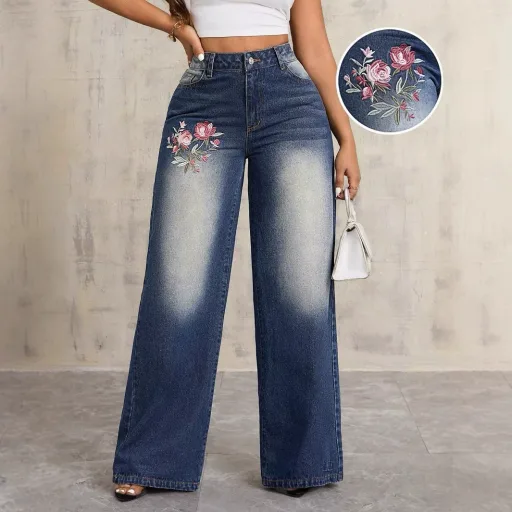 Loose Fit Embroidered Wide Leg Denim Jeans for Women Vintage Style Casual Wear customizable