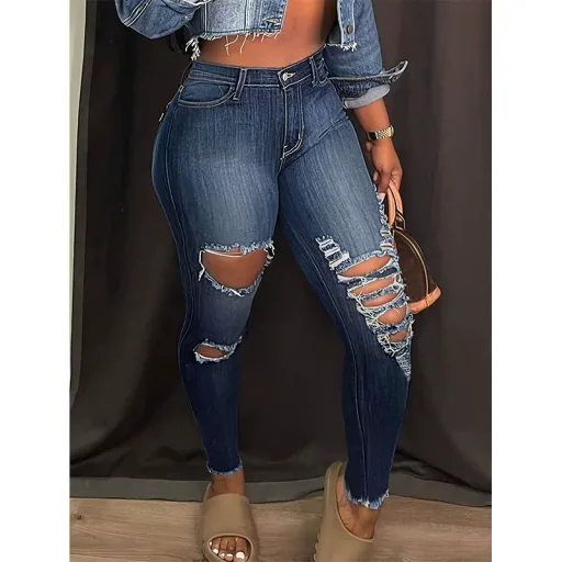 Womens Ripped Stretch Denim Jeans Blue Color Casual Fit Available in XS to L Wholesale Supply fast shipping