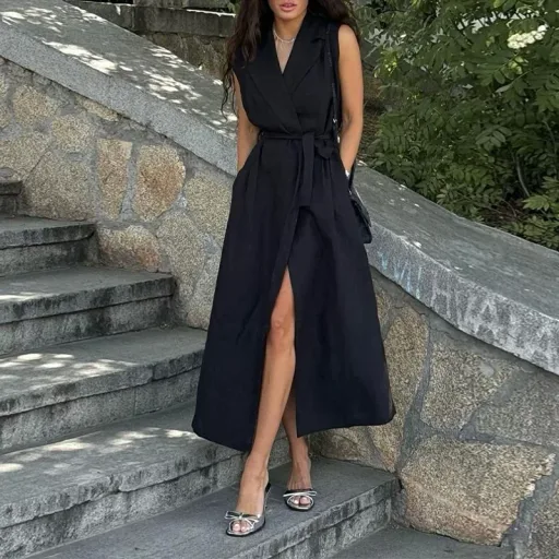 Sleeveless Split Midi Dress Solid Color Elegant Design Summer Office Wear Available in Multiple Sizes