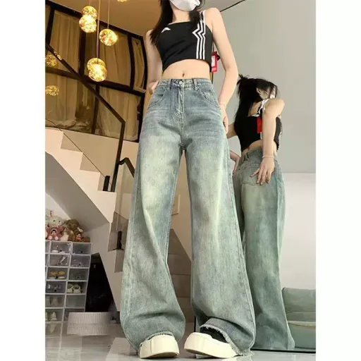 High Waist Loose Fit Vintage Wash Denim Trousers For Women Casual Wide Leg Design Available In Blue And Black Wholesale