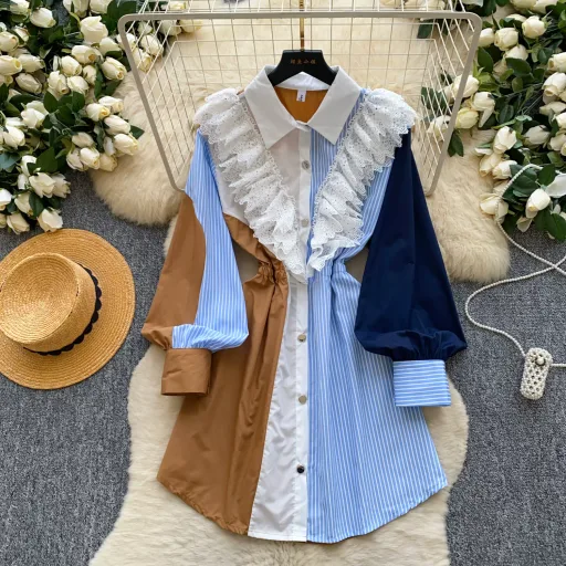 Retro Color Block Long Sleeve Shirt Dress for Women with Waist Tie Casual Summer Office Wear Wholesale