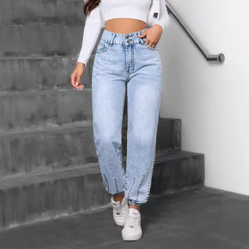 Womens Casual Denim Jeans with Beaded Detail Blue Available in Multiple Sizes Wholesale Supply private label