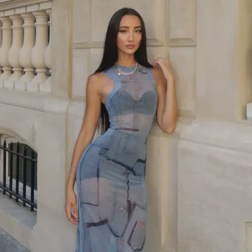 Fashionable Womens Bodycon Maxi Dress European Style Sleeveless Halter Neck Denim Patchwork Perfect For Parties