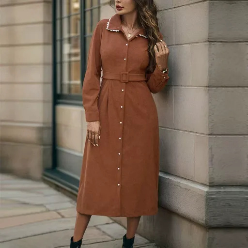 Vintage Lace Collar Corduroy Shirt Dress for Women in Coffee Brown Casual Elegant Style