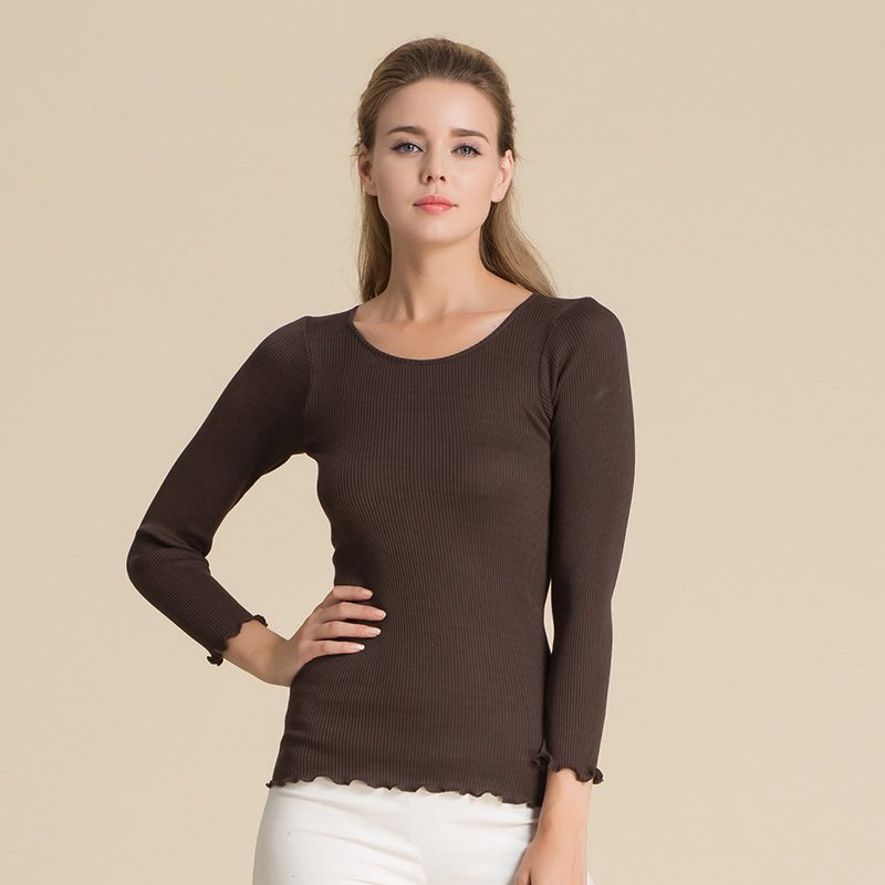 Womens 100 Mulberry Silk Ribbed Knit Top Long Sleeve Round Neck Lightweight Fall Fashion Essenti