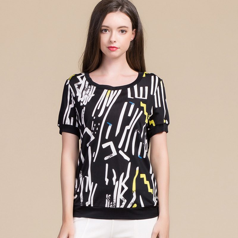 Silk Printed Short Sleeve T Shirt Plus Size Loose Fit Round Neck Summer Wear Womens Casual Top O