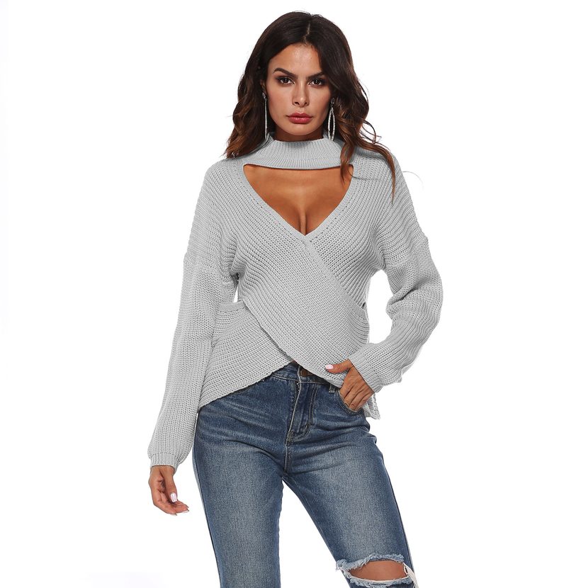 Knit Sweater Sexy Cross Front Design Long Sleeve High Neck Irregular Hem Autumn Winter Fashion W