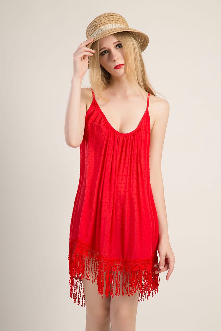 Cotton Lace Trimmed Tassel Dress Womens Sleeveless Beach Dress Lightweight Comfortable Summer We
