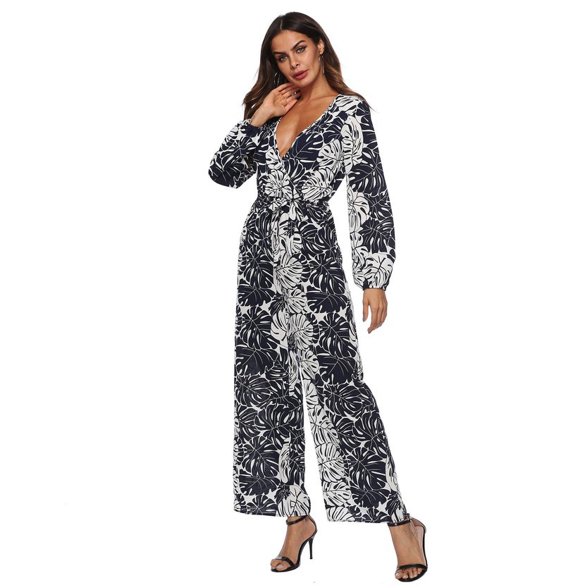 Chiffon Printed Long Sleeve Wide Leg Jumpsuit Deep V Neck Tie Waist Elegant Design Perfect for S