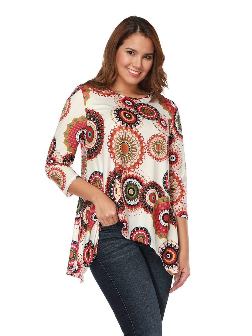 Fall Floral Print Top Polka Dot Round Neck Asymmetrical Design Casual Wear Wholesale Available