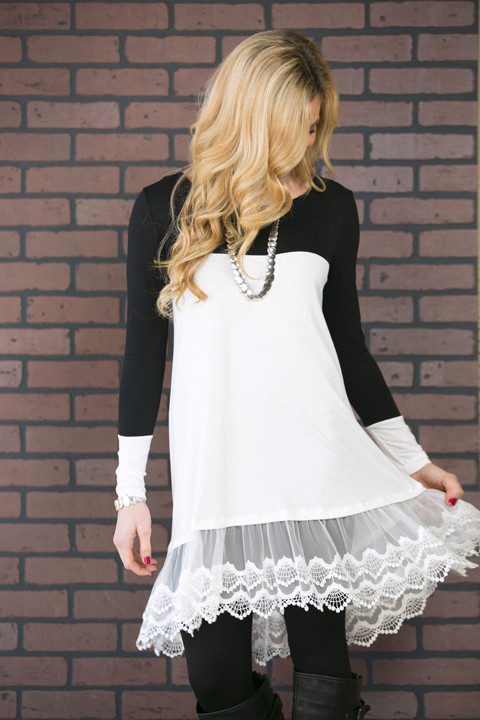 Fashion Long Sleeve Color Block Lace Panel Midi Dress Elegant Design Round Neck Two Color Option