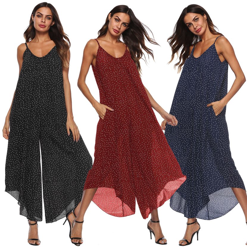 Plus Size Womens Polka Dot Asymmetrical Jumpsuit Loose Fit Wide Leg Spaghetti Straps Casual Summ