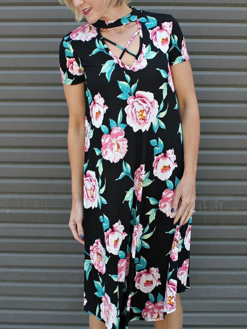 Summer Floral Print Midi Dress Cross Neck Pleated Design Versatile Style Perfect for Casual Outi