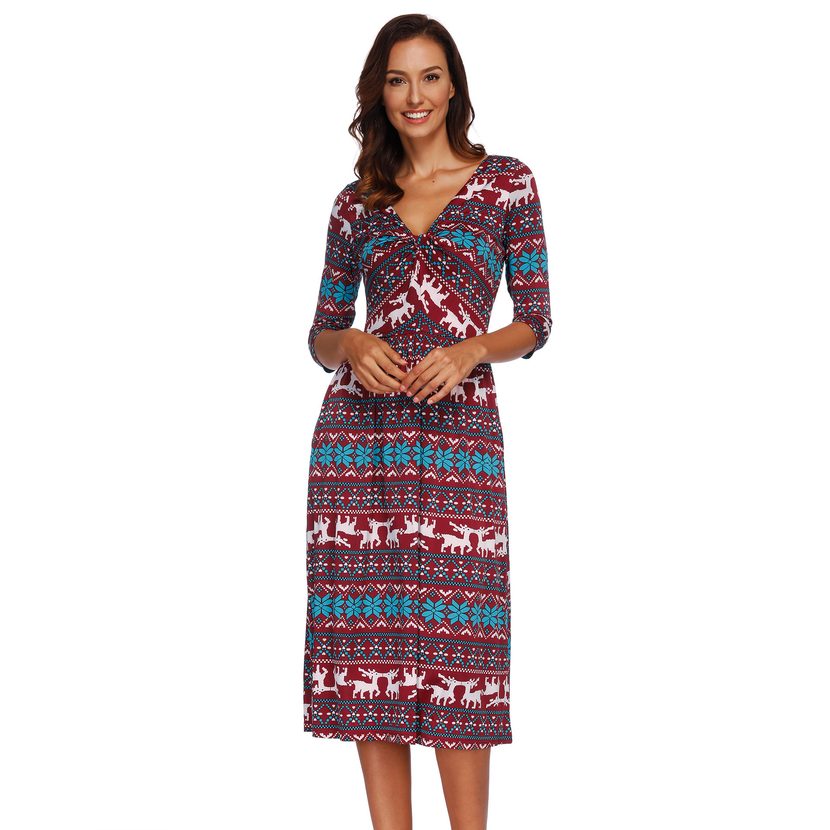 Christmas Reindeer Print Dress Three Quarter Sleeve Double Pockets Casual Style Wholesale Availa