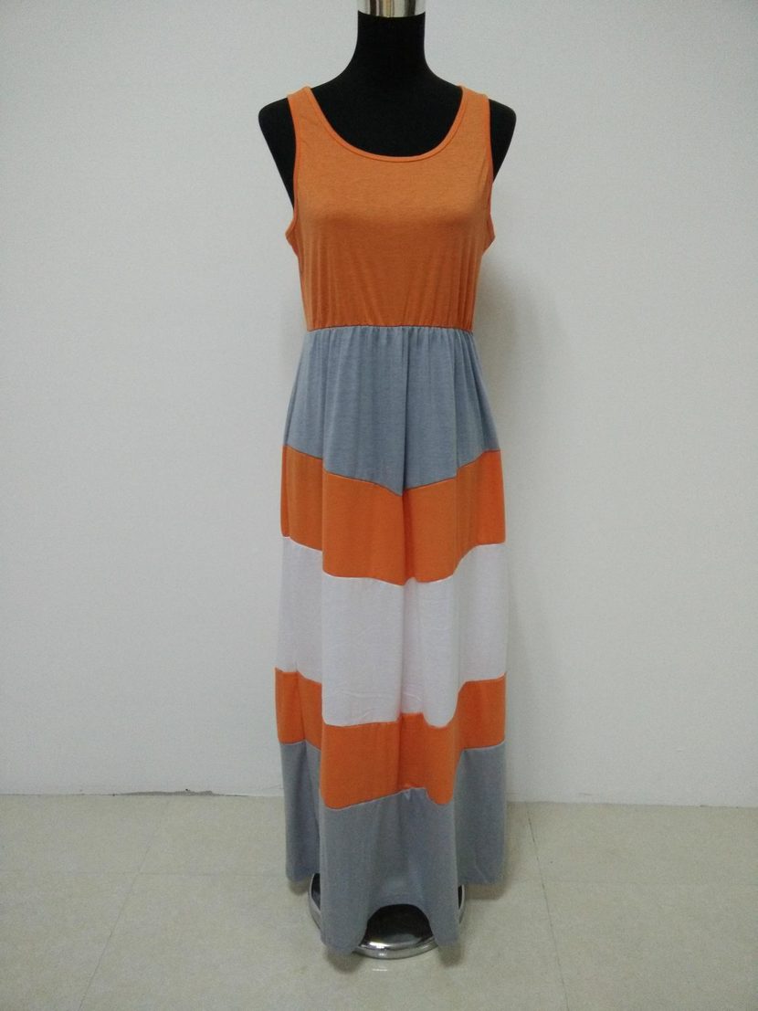 Color Block Orange and Gray Striped Beach Dress Casual Summer Style Lightweight Fabric for Women