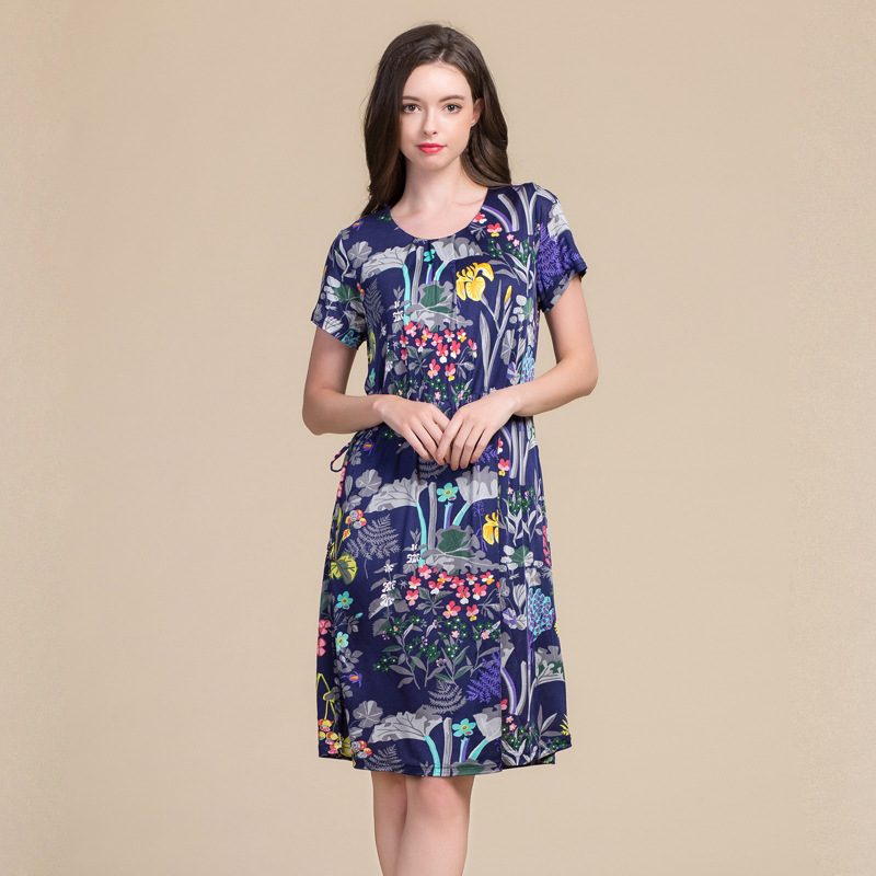 Womens Floral Print Short Sleeve Knitted Silk Dress Loose Fit Adjustable Drawstring Long Length