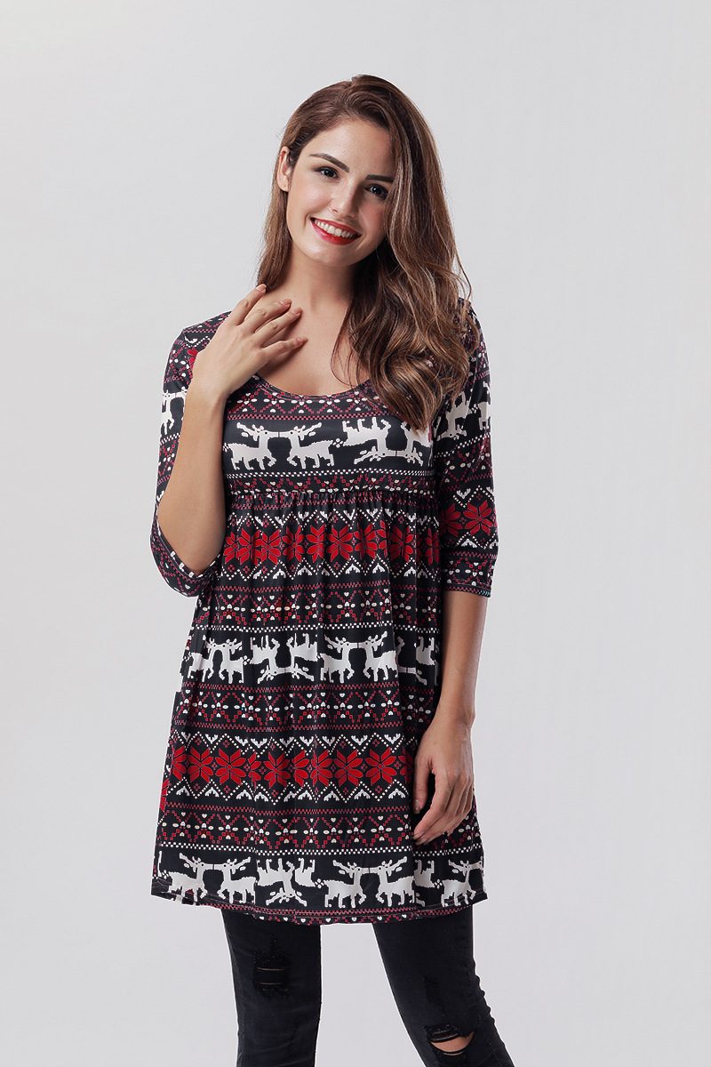 Christmas Reindeer Print Dress 3 4 Sleeve A Line Silhouette Comfortable Fabric Casual Holiday We