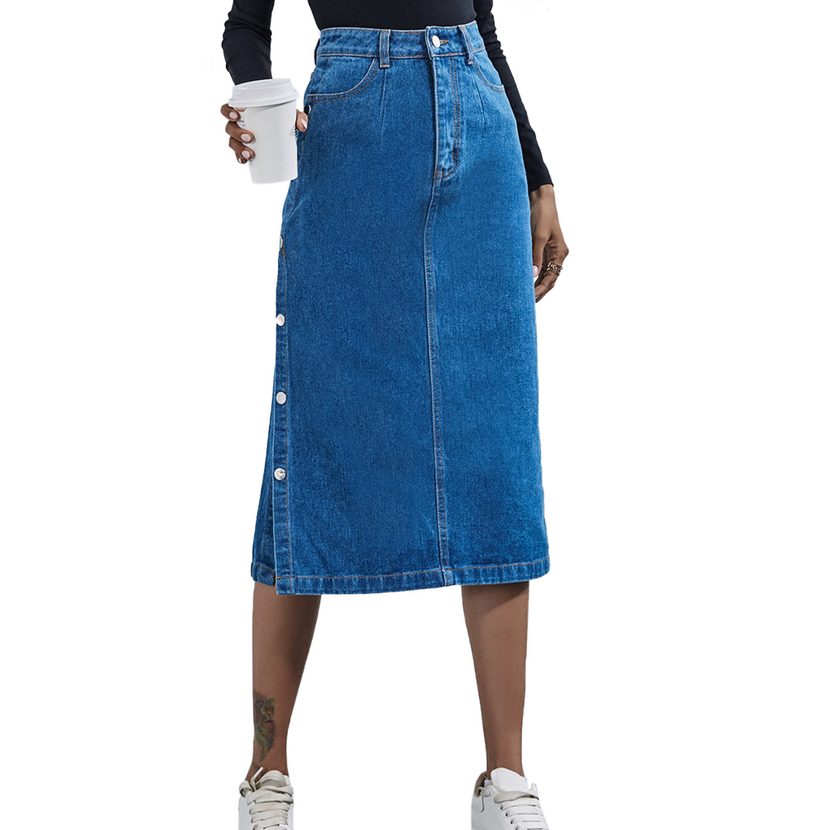 High Waisted Denim Skirt Button Detail Split Design Fashionable Style Perfect for Casual Outings Wholesale Avail