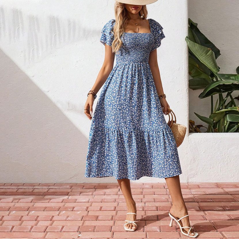 Bohemian Floral Maxi Dress for Women Elegant Summer Beachwear Available in Blue Wholesale Sizes S to XL