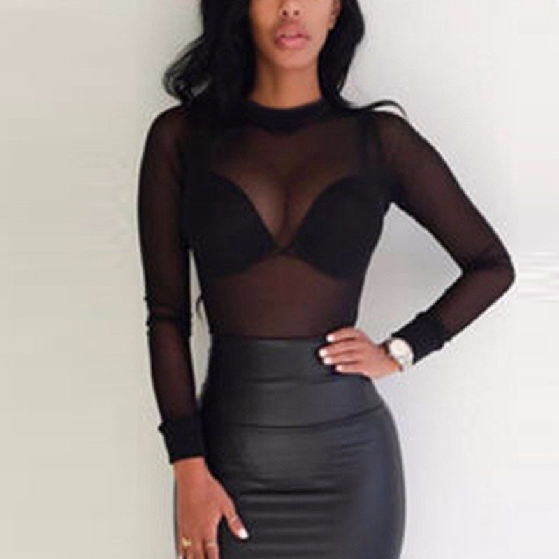 Sheer Mesh Long Sleeve T Shirt Stretchy Sexy Lightweight Fabric Perfect for Layering or Night Ou
