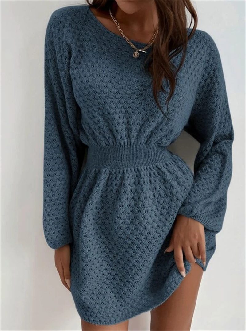 French Style Loose Fit Round Neck Knitted Dress Waist Defining Design Casual Wear for Fall Winte