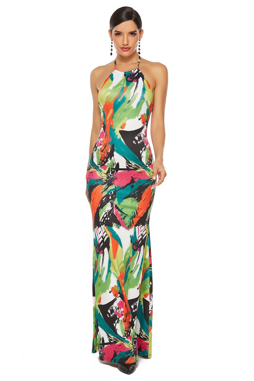 Colorful Printed Backless Maxi Dress Elegant Design Lace Up Detail Perfect for Parties and Forma
