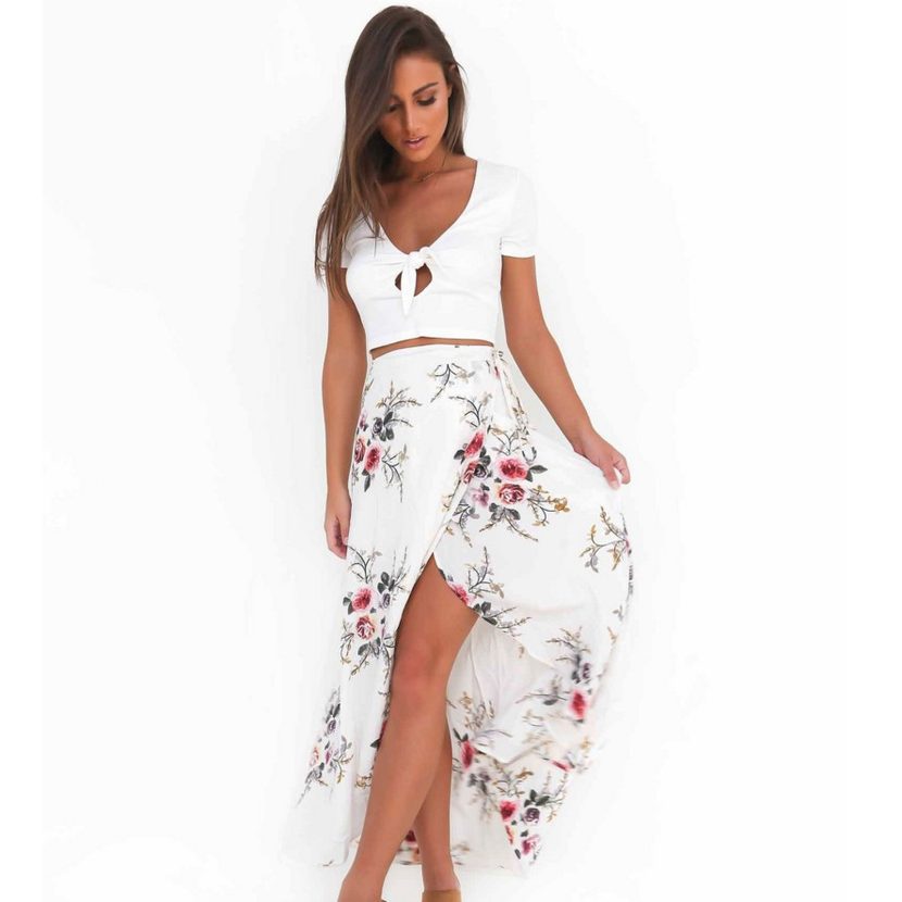 Chiffon Floral Print Midi Skirt Irregular Hem Tie Detail High Slit Summer Fashion for Women Wholesale Available