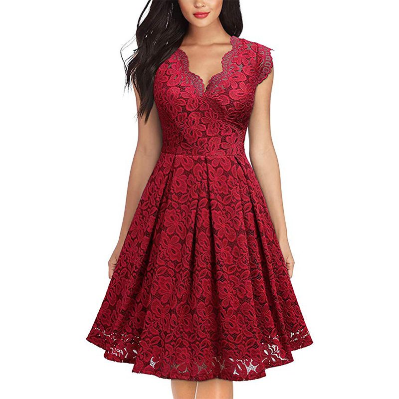 Vintage Lace V Neck Sleeveless Cocktail Dress Short Sleeve Flared Hem Elegant Style Wholesale Av