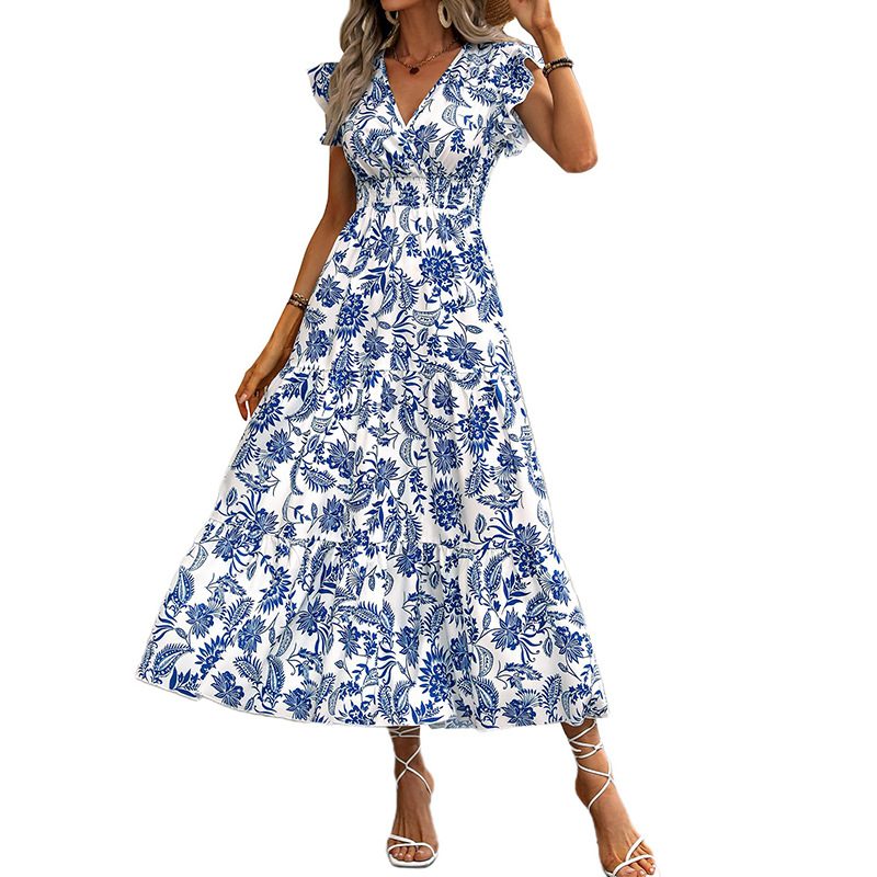 Bohemian Floral V Neck Maxi Dress Summer Style Tiered Design Waist Cinching Perfect for Casual O